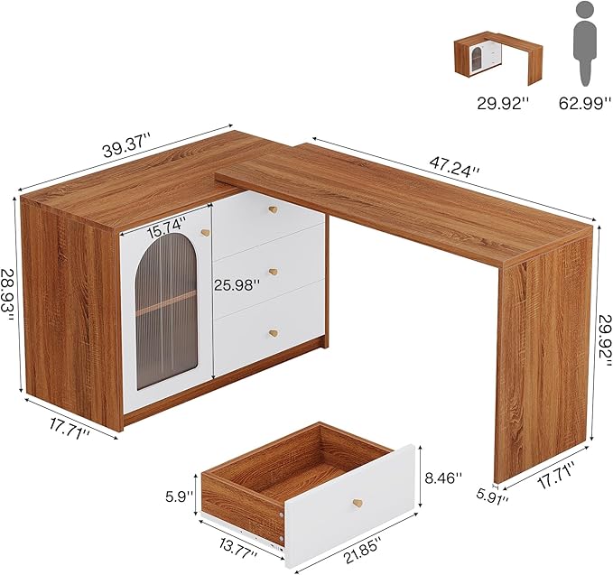 Tribesigns L Shaped Computer Desk with Drawers, Modern Corner Home Office Desk with Reversible Storage Cabinet, Long Study Writing Desk Workstation for Home Office, Rustic Brown