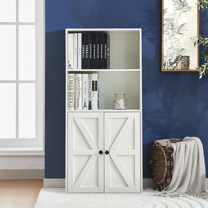 Bookshelves and Bookcases with Barn Doors, Farmhouse Bookshelf with Display Shelves, Floor Standing 4-Tier Book Shelf with Storage Cabinet for Home Office, Living Room, Bedroom, White