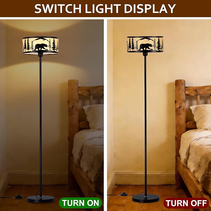 Mid Century Modern Floor Lamp,Unique Deer Bear Black Farmhouse Drum Gothic Floor Lamp with White Parchment,57.67" Tall Metal Rustic Standing Light for Living Room,Bedroom,Home,Office,Corner