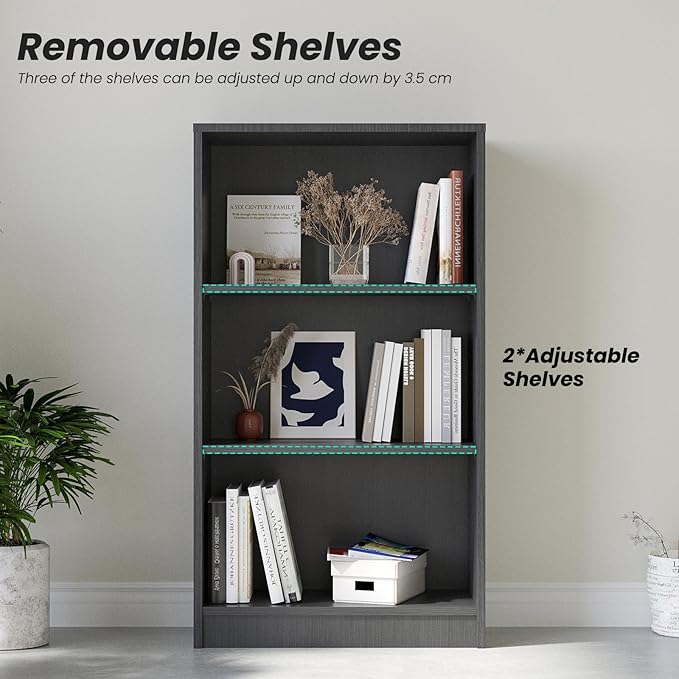 Bookcase Adjustable Storage Shelves,44.1-Inch Bookshelf,3-Tier Modern Wood Bookcase for Bedroom, Office, Living Room & Library(Grey)