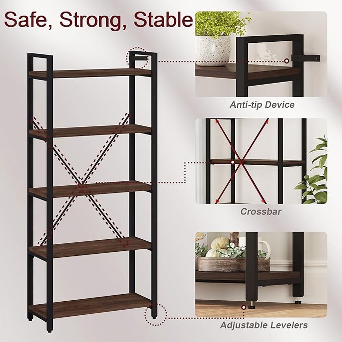 FATORRI 5 Tier Industrial Bookshelf, Rustic Etagere Bookcase for Display, Vintage Shelving Unit Wood and Metal Tall Book Shelves for Home Office (Walnut Brown)