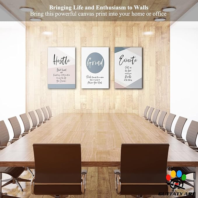 Office Wall Art - 3 Panel Motivational Wall Art, Inspirational Quotes Canvas Art for Home Office Wall Decor, Positive Quotes Wall Decor, Entrepreneur Grind Hustle Execution Poster Frame (24”x36”x3Pcs)