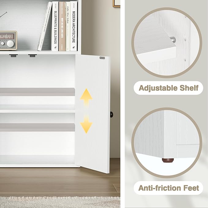 YESHOMY 6 Tier Bookcase and Bookshelf, Tall Book Shelf with Doors & Adjustable Shelves, Floor Display Storage Cabinet Home Decor for Living Room, Office, White
