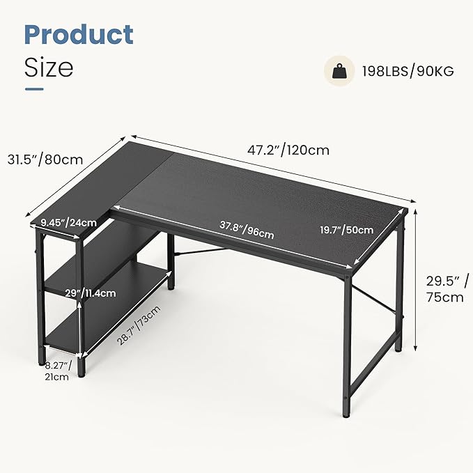 DUMOS L Shaped Desk 47 Inch Computer Desk Gaming Furniture Corner Desks Home Office PC Table with Reversible Storage Shelves for Writing Working Study Bedroom Dorm, Black