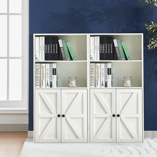 Bookshelves and Bookcases with Barn Doors Set of 2, Farmhouse Bookshelf with Display Shelves, Floor Standing 4-Tier Book Shelf with Storage Cabinet for Home Office, Living Room, Bedroom