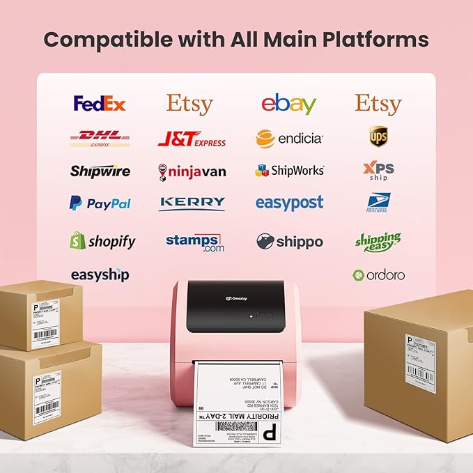 Bluetooth Shipping Label Printer with 1 Roll Labels - D520BT Pink Thermal Label Printer, Thermal Printers with Built-in Label Holder, Come with 500PCS 4x6‬ White Labels (500 Labels/Roll)