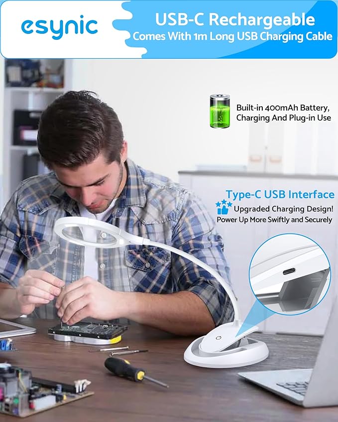 eSynic Lighted Magnifying Glass with Stand-USB-C Rechargeable-5X&10X Magnification-4.3" Large Lens-Desk Magnifier Lamp With Clamp & Heavy Base-3 Levels Brightness-Flexible Gooseneck for Reading Crafts
