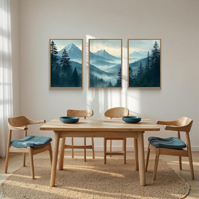 Large Misty Mountain Forest Framed Canvas Wall Art,Nature Pine Tree Wall Decor,Foggy Snow Woodland Painting,Watercolor Scenery Artwork for Living Room,Bedroom,Dining Room,Office -24"x36"x3