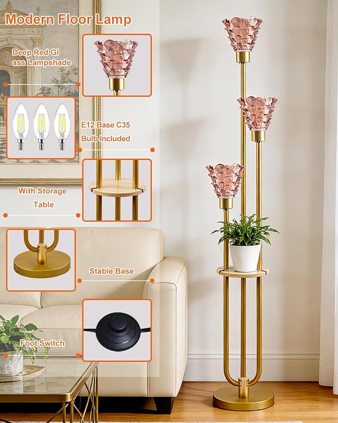 3-Light Modern Glass Floor Lamp with Shelf, Gold Tall Standing Lamp with Pomegranate Red Flower Glass Shade, LED Floor Lamp with Foot Switch for Living Room Bedroom Home Decor, Bulb Included