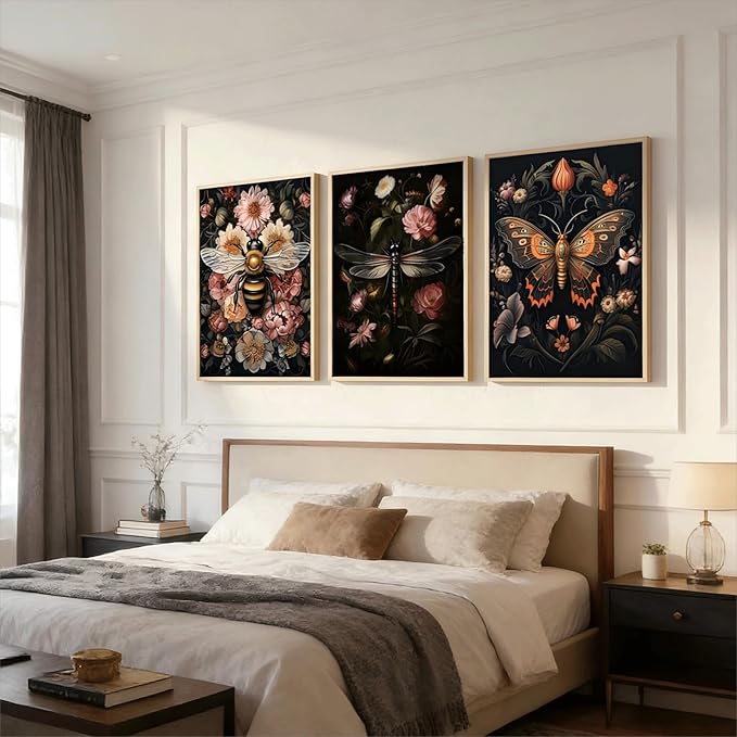 3pcs Dark Floral Wall Art Vintage Butterfly Dragonfly Bee Painting Picturts Wall Decor Gothic Dark Academia Aesthetic Posters Print Artwork for Bedroom Living Room Home Decoration 12x16in Unframed
