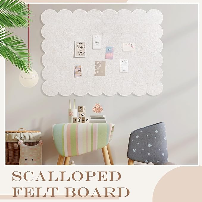 Scalloped Felt Bulletin Board 48 x 36 Inches Foldable Beige Pin Cork Board Alternative for Wall, 4' x 3' Trifold Picture Vision Self Adhesive Bulletin Decorative