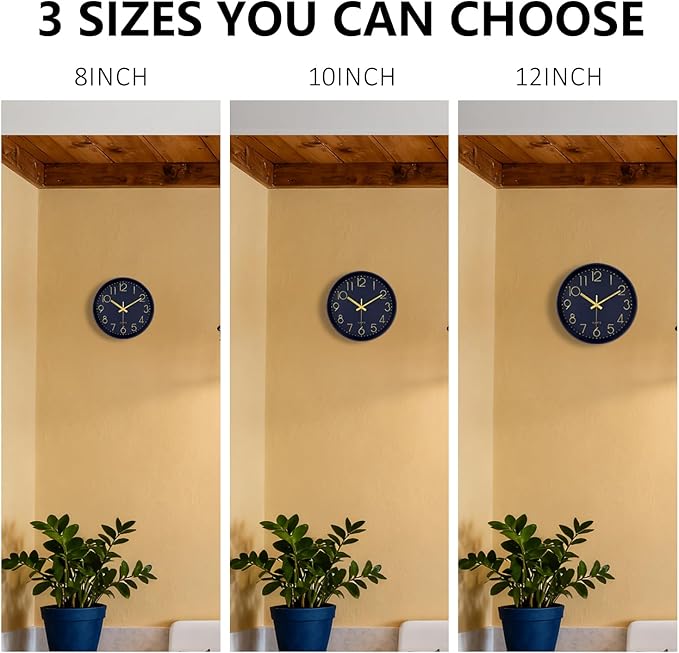 Wall Clock, Silent Wall Clocks Battery Operated 10 Inch- Modern Non Ticking Analog Clock with Large Numerals Tempered Glass Clocks for Bedroom Living Room Kitchen Office Decor, Navy Blue