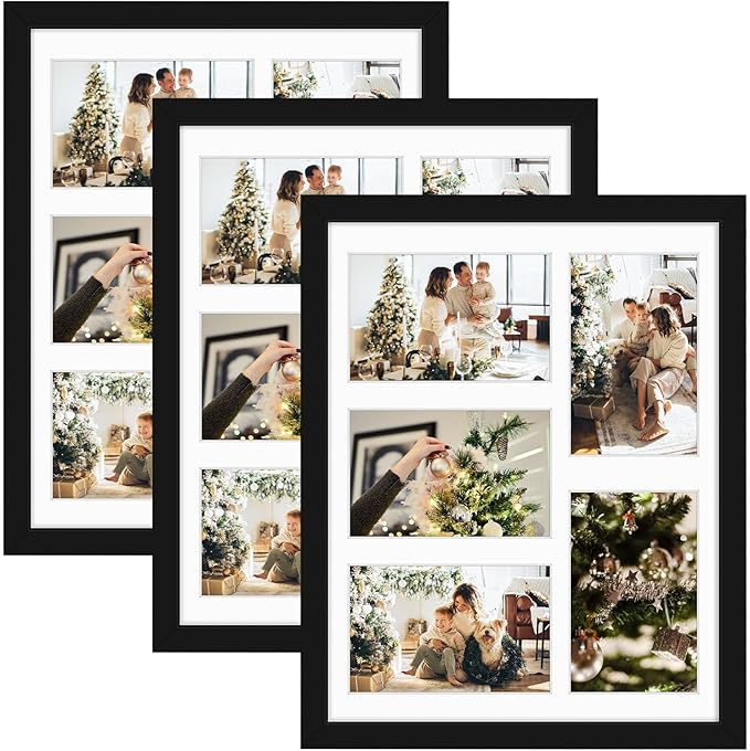 Golden State Art, 11x14 Black Wooden Frame with White Mat - Displays Five 4x6 Photos - Real Glass, Wall Mounting, Landscape, Portrait, 3 Pack