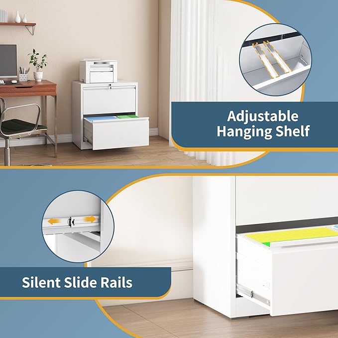 2 Drawer File Cabinet with Lock, Lateral Filing Cabinets,Metal Storage Filing Cabinets for Home Office, Heavy Duty File Cabinet for Letter/Legal/A4/F4 Size, Amsseble Required, White