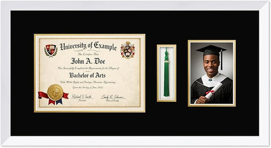 CountryArtHouse Diploma Tassel and Photo Shadowbox Fits 11.69 x 8.27 A4 Certificate with Tassel Hook a Bright White Genuine Hardwood with Black Over Metallic Gold Double mat