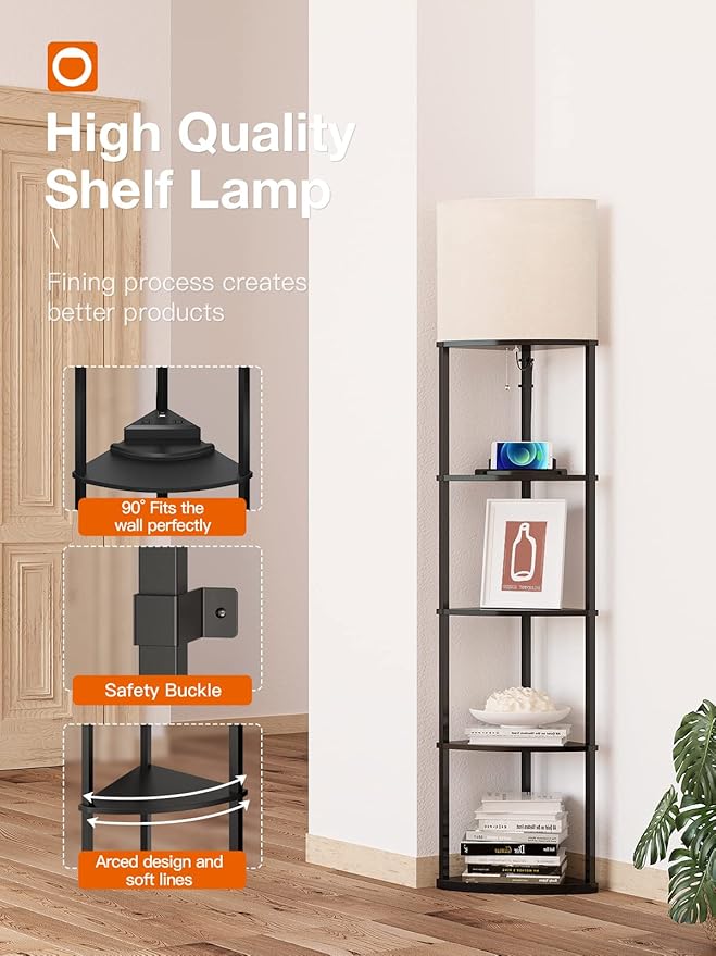 addlon 5-Tier Corner Shelf Floor Lamp with Type C, USB Port & 1 Power Outlet and 3CCT LED Bulb, Modern Display Lamp for Narrow Corner Bookshelf lamp for Living Room, Bedroom, Office - Black
