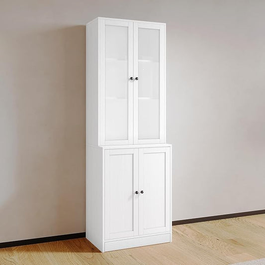 VOWNER Vertical File Cabinet, 3-Tier Modern Bookshelf with 3 Large Drawer, Wood Filing Cabinet with Open Storage Shelf, Glass Doors and Adjustable Shelves for Home Office, White (B)