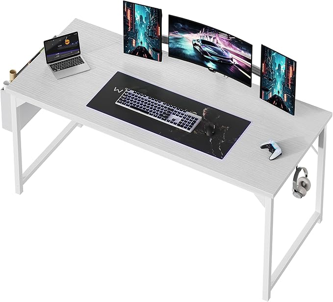 OLIXIS Computer Desk 63 Inch Home Office Desks for Small Spaces, Gaming Writing Study Work Table with Storage Bag and Headphone Hook for Bedroom, White
