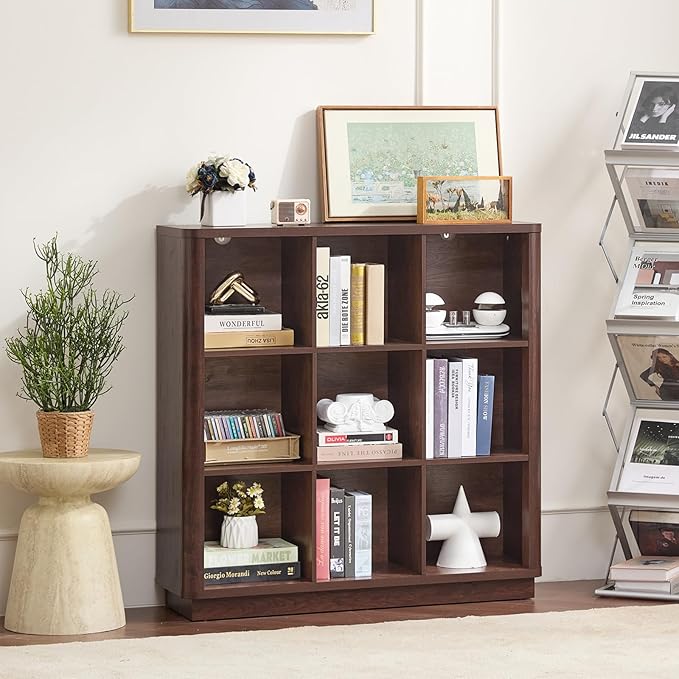9 Cube Bookshelf, 40.5" Wide Organizer Bookcase with Curved Edge, Wood Floor Standing 3-Tier Cubby Book Shelf with Base, Vintage Display Storage Cabinet for Living Room, Home Office, Walnut