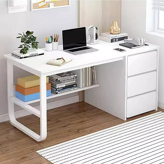 Computer Desk with Drawers & Storage Shelves,Modern Home Office Desk Study Desk Writing Desk for Bedroom,Wooden Corner Desk Small Pc Table with Metal Base(39.5" W x 19.5" D x 29" H, White)