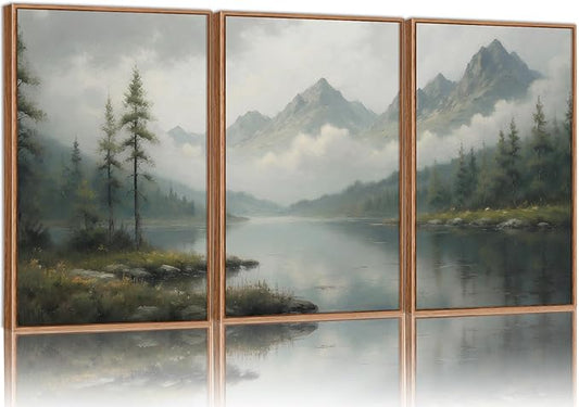 SIGNINART Large Green Forest Framed Canvas Wall Art Set, Misty Mountain Lake Wall Decor, Modern Foggy Wood Landscape Artwork, Nature Oil Painting Art Print for Living Room, Bedroom, Office 16"x24"x3