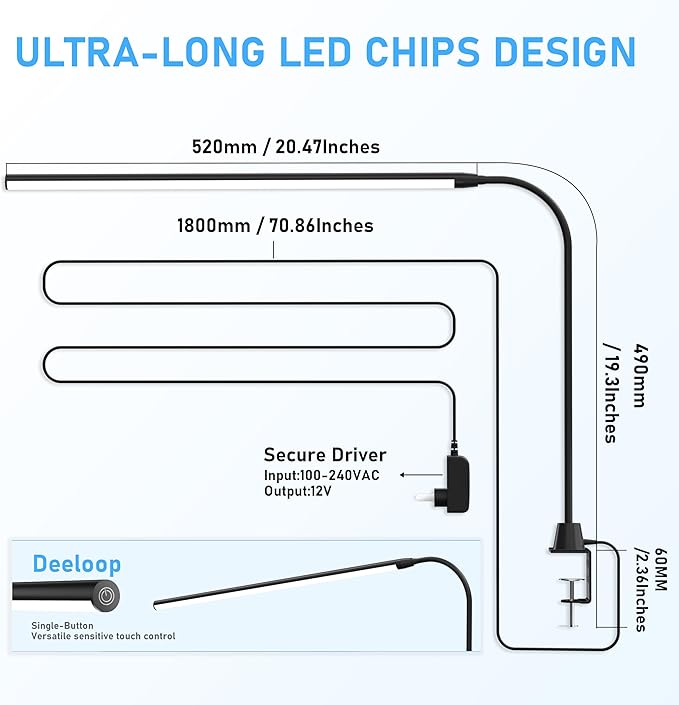 deeloop LED Clip-on Reading Light, 20" Ultra-Long Chips Bright Desk Lamp, 10%-100% Stepless Dimming & 3 Color Modes Office Lamp with 360 Head Rotation Memory Function Clamp Light