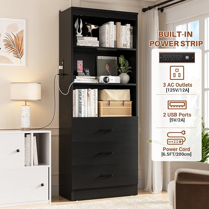 Aheaplus 71 Inches Bookshelf with USB Ports and Outlets, Wooden Bookcase with 3 Drawers & Open Shelves, 6-Tier Tall Storage Cabinet Book Shelf Storage Organizer for Living Room, Home Office, Black