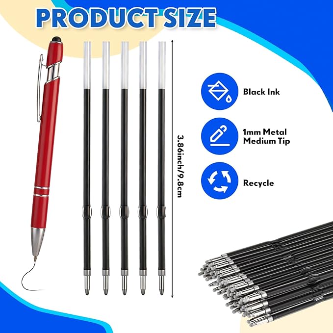 Zonon 100 Pcs 3.85 Inch Retractable Ballpoint Pen Refills Bulk for Metal Pens with Stylus Tip, 1 mm Medium Point Tip, 2 in 1 Touch Screen Stylus Pen Refills for Click Pens with Spring(Black Ink)