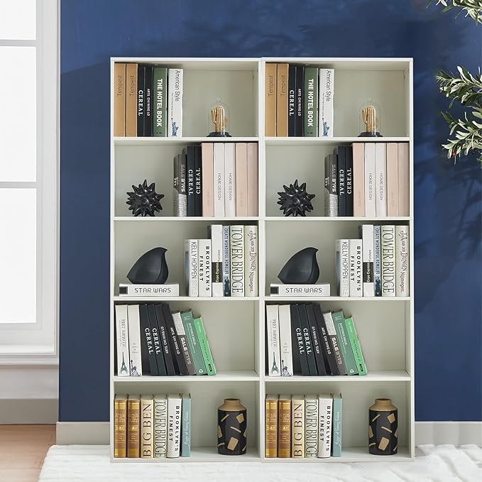 Bookshelves and Bookcases,5-Tier Double Open Storage Shelf, Floor Standing Display Storage Shelves for Home Office, Living Room, Bedroom