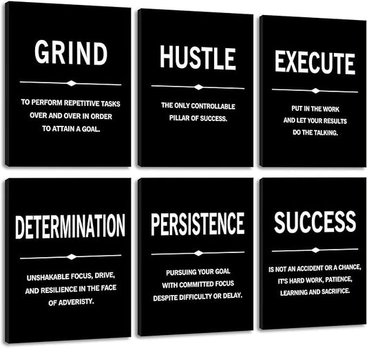 COSCTOR Set of 6 Grind Hustle Execute Determination Persistence Success Motivational Wall Art Picture Decor Canvas Framed for Office Garage Workplace Inspirational Home Posters Paintings Ready to Hang(Framed,24x36)