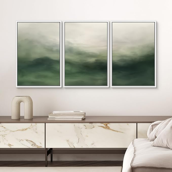 SIGNWIN Framed Canvas Print Wall Art Set Abstract Green Misty Landscape Illustrations Modern Art Decorative Boho Relax/Zen Nordic for Living Room, Bedroom, Office - 24"x36"x3 White