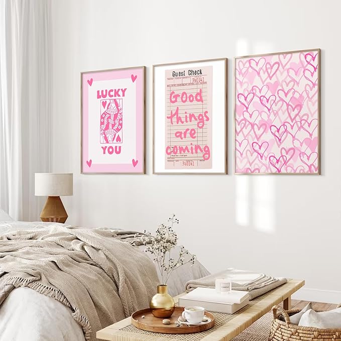 Lucky You Pink Wall Art Guest Check Preppy Wall Decor Trendy Aesthetic Canvas Wall Art Funky Retro Poster Hearts Cute Picture Prints Inspirational Artwork for Room Bedroom 16x24 Inch Unframed Set of 3