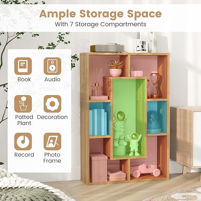 Tangkula 35.5” Geometric Bookshelf, Freestanding Wood Open Bookcase with 7 Cubes, Anti-Toppling Devices, Home Office Décor Rectangular Storage Shelf Display Rack for Study Living Room (2, Natural)