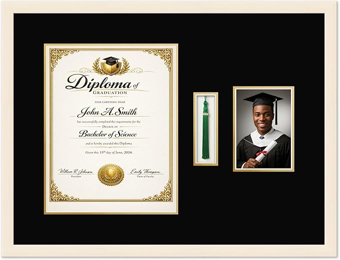 CountryArtHouse Diploma Tassel and Photo Shadowbox Fits 11 x 14 College Diploma (Portrait) with Tasse Coastal Whitewash Genuine Hardwood with Black Over Metallic Gold Double mat