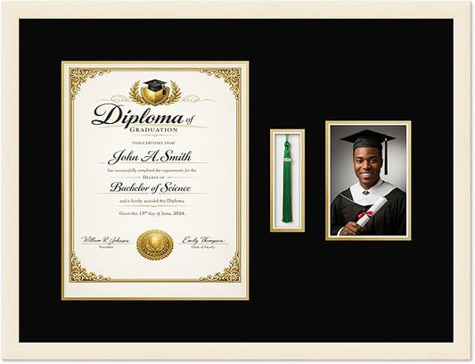 CountryArtHouse Diploma Tassel and Photo Shadowbox Fits 11 x 14 College Diploma (Portrait) with Tasse Coastal Whitewash Genuine Hardwood with Black Over Metallic Gold Double mat