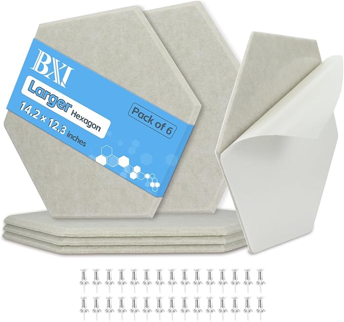 BXI Hexagon Felt Bulletin Board - 14.2 X 12.3 X 3/8 Inches 6 Pcs Self-Adhesive Poster Cork Board 30 Push Pins, Thick Pin Tiles Display Vision Board, Photo Picture Panels for Home Office Classroom