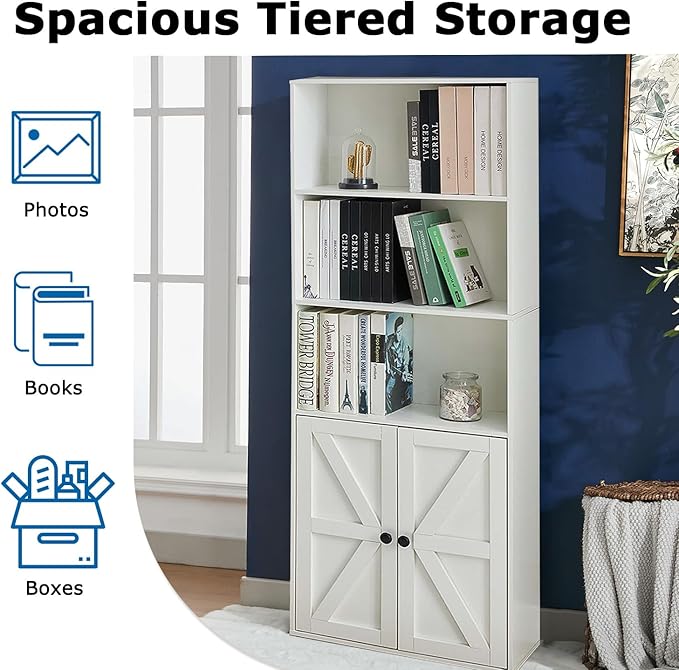 Bookshelves and Bookcases with Barn Doors Set of 2, Farmhouse Bookshelf with Display Shelves, Floor Standing 5-Tier Book Shelf with Storage Cabinet for Home Office, Living Room, Bedroom