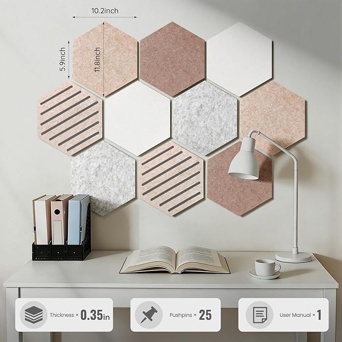 Hexagon Cork Bulletin Board Tiles, 10 Pack Felt Board with 25 Push Pins, Photo Display Board for Office & Home Classroom Wall Decor, 11.8x10.2 Inches