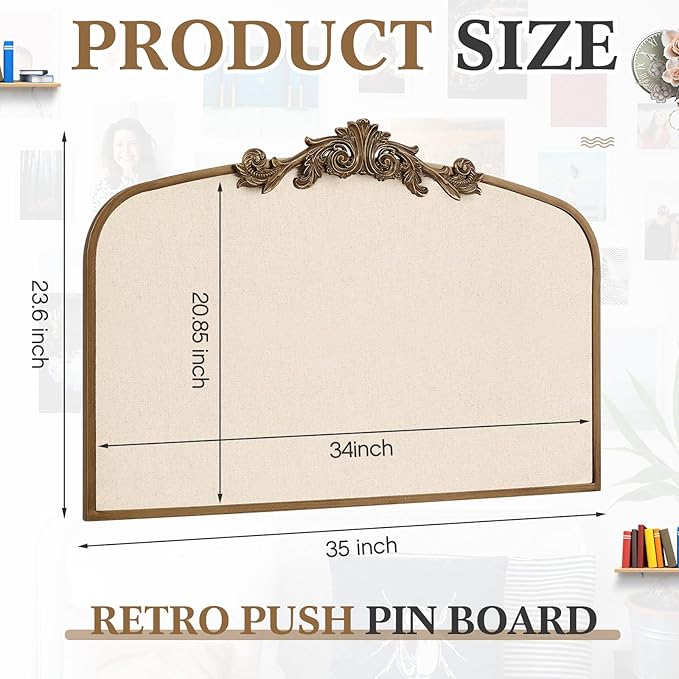 Vintage Framed Pin Board Linen Display Bulletin Board Large Cork Fabric Picture Photo Pinboard Memo Ornate Decorative Pinboard Ornate for Wall Gift(Arch,23.6" X 35",Antique Golden)