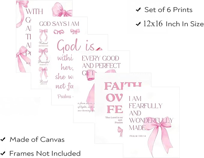 6Pcs Pink Christian Wall Art Inspirational Verse Posters Print Cute Coquette Bow Canvas Pictures for Girls Room Dorm Bathroom Bedroom Wall Decor 12x16In Unframed
