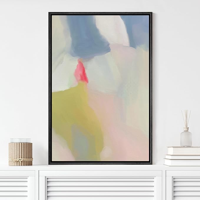 MUDECOR Framed Canvas Print Wall Art Green Blue Pastel Watercolor Collage Abstract Shape Illustrations Modern Art Decorative Bohemian Colorful Chic for Living Room, Bedroom, Office - 24"x36" Black