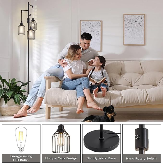Dimmable Floor Lamp for Living Room, Farmhouse Floor Lamps with Elegant Hanging Cage, 3 x LED Edison Bulbs Included, 68.5" Industrial Standing Light for Bedroom Office Home Decor (Black)