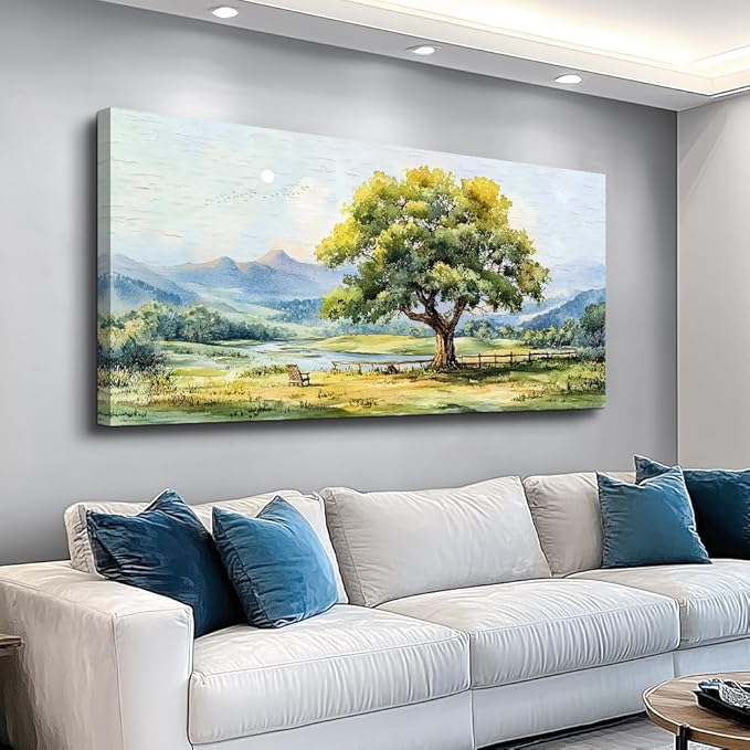 QIYILEXWART Large Wall Decor For Living Room Canvas Wall Art For Office Modern Wall Decorations For Bedroom Green Tree Landscape Painting Farmhouse Pictures Artwork Room Home Decor 24x48 In