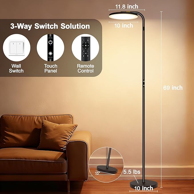 Floor Lamps for Living Room, 36W/2600LM Super Bright LED Floor Lamp with Remote and Touch Control, Stepless Dimmable 69" Tall Standing Lamp with 350° Rotating Head for Bedroom Office