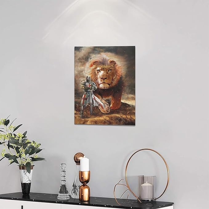 yerretin Christian Lion Of Judah Wall Art Lion Warrior Pictures Wall Decor Religious Knight Canvas Painting Home Decorations Artwork for Bathroom Bedroom Living Room Office Framed 12"x16"