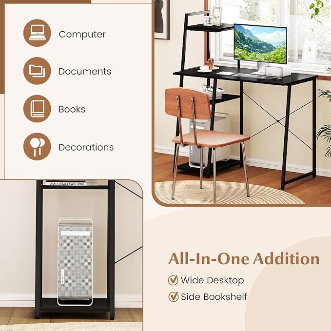 Giantex Computer Desk with Shelves, 47.5” Home Office Desk with Bookshelf, Host Stand, Metal Frame, PC Laptop Workstation, Modern Study Writing Desk for Bedroom, Small Space (Black)