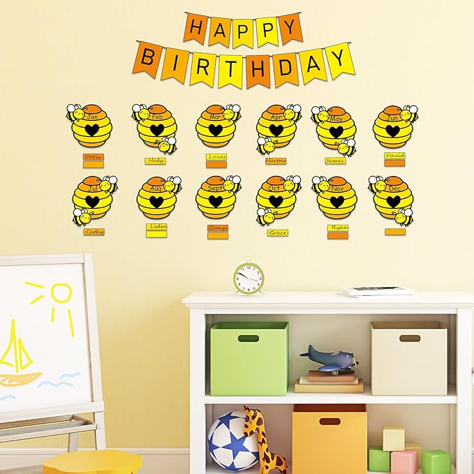 JarThenaAMCS 85Pcs Bee Birthday Bulletin Board Decorations Set Bees Hives Birthday Calendar Poster Honeycomb Paper Cutouts Party Supplies for Teacher Students Back to School Classroom Wall Decor