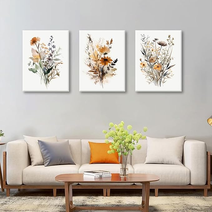 Bwodke Framed Wildflower Wall Art Colorful Botanical Floral Poster Canvas Prints Set of 3 Minimalist Watercolor Flower Pictures Vintage Farmhouse Decor Painting Bedroom Bathroom Living Room 12"x16"