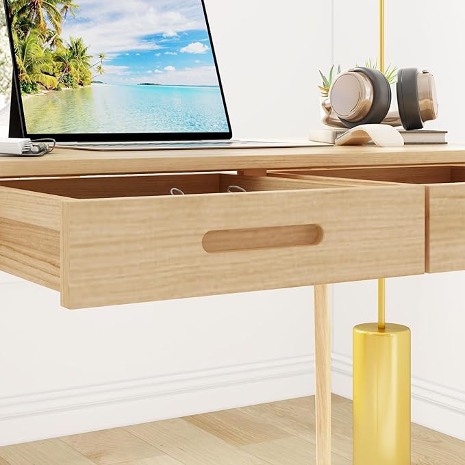 Home Office Computer Desk Coner Desk with 2 Drawers, Study Writing Table for Home Office, Study, Wood Color (39.3 ”W x 23.6”D x 29.1”H)