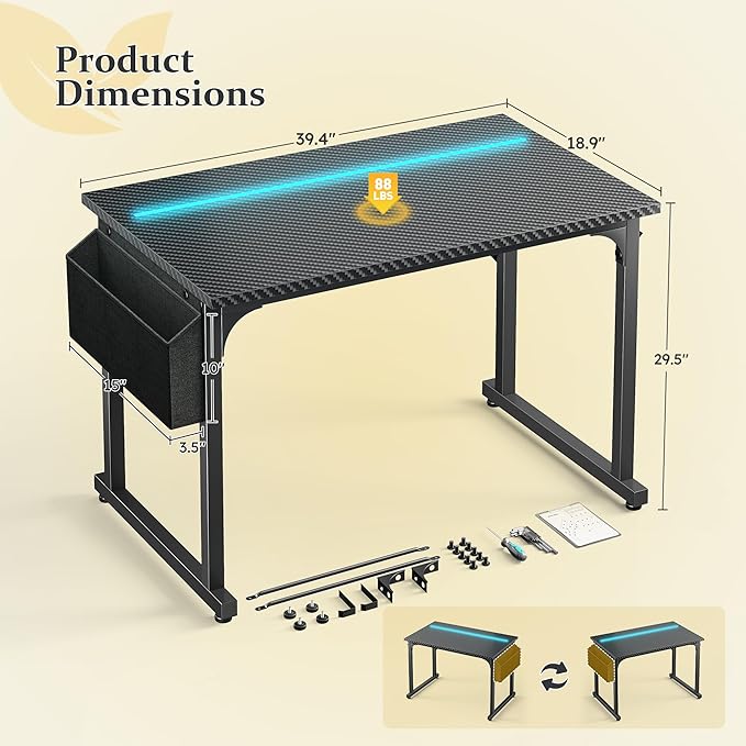 40 Inch Computer Desk with LED Lights for Small Spaces, Office Desk for Home Office, Study Desk Writing Table with Storage Bag, Headphone Hook, Black